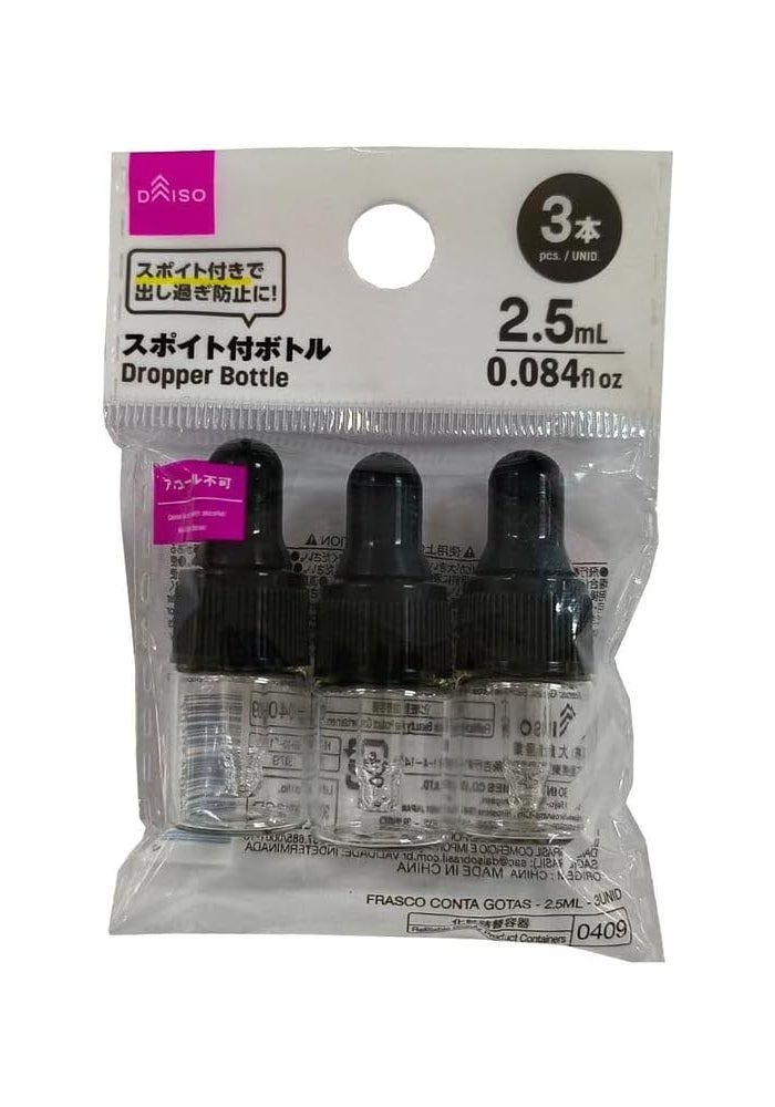 Daiso 3-Piece 2.5Ml Dropper Bottle Set – Clear With Black Cap
